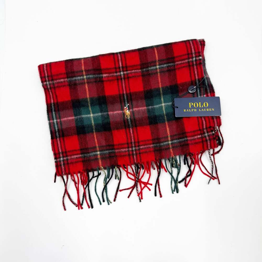 Polo Ralph Lauren Scarf Unisex One Size NWT Red Tartan Plaid 100% Wool Fringe
